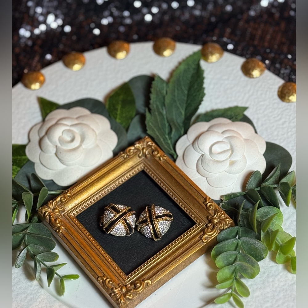 Elegant Gold-tone Clip on Earrings With Black Enamel X And Crystals - Picture 7 of 16